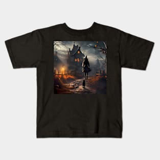 Young Witch Walking Home With A Black Cat Kids T-Shirt
